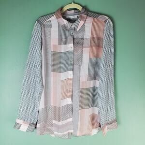 Rose + Olive Womens Multicolor Patchwork Button Up Long Sleeve Blouse Size Large